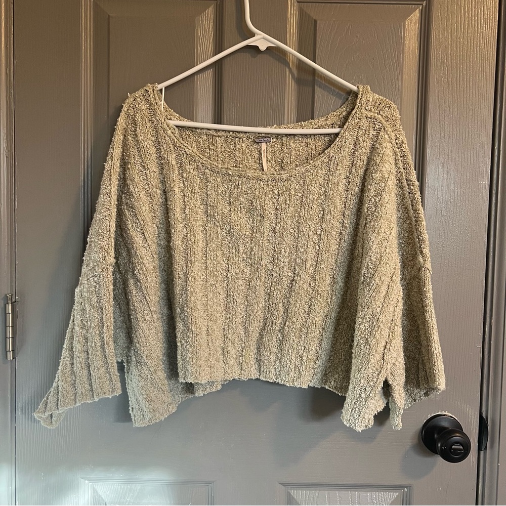 Free People Good Day Cropped Sweater Light Sage Cream Chunky